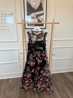 Sundance Black Maxi Dress with Rose and Blue Floral Embroidery